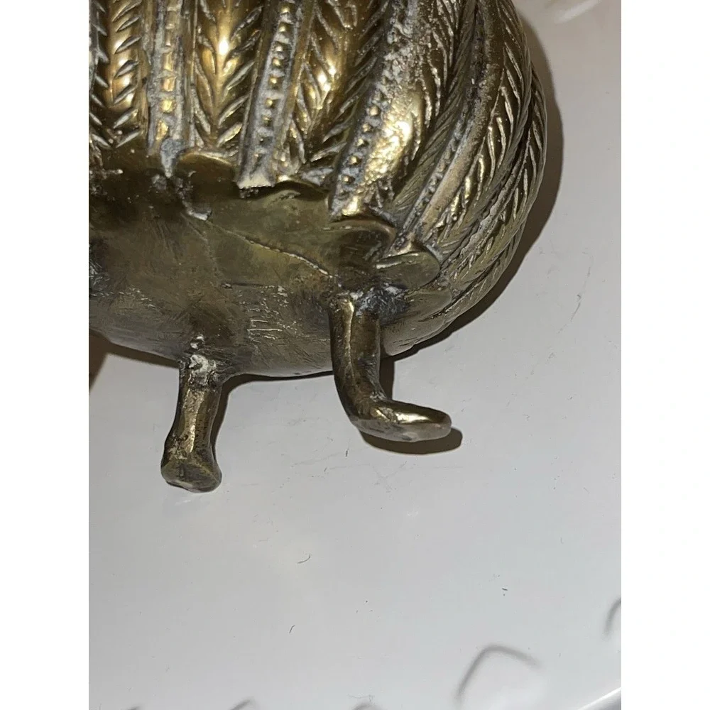 Antique Indian Cast Bronze Mughal‎ Footed Ink Well w/ Peacock Lid & Fluted Sides
